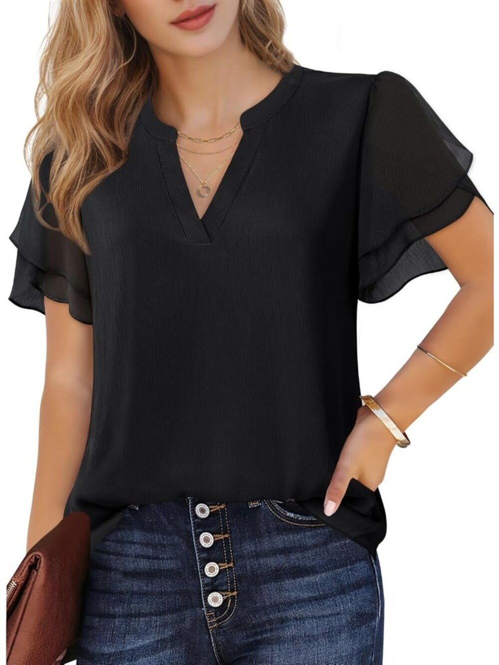 〽️Women's Black Short Sleeve Casual Chiffon Blouses V Neck Imported Shirts
